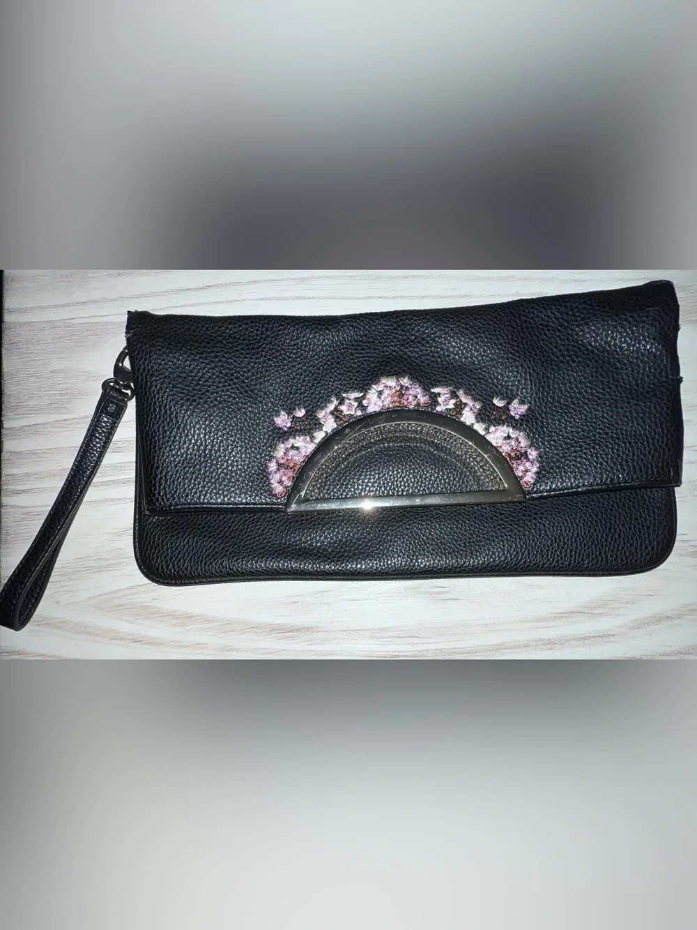 White House Black Market Black Floral Embroidered Clutch Wristlet
